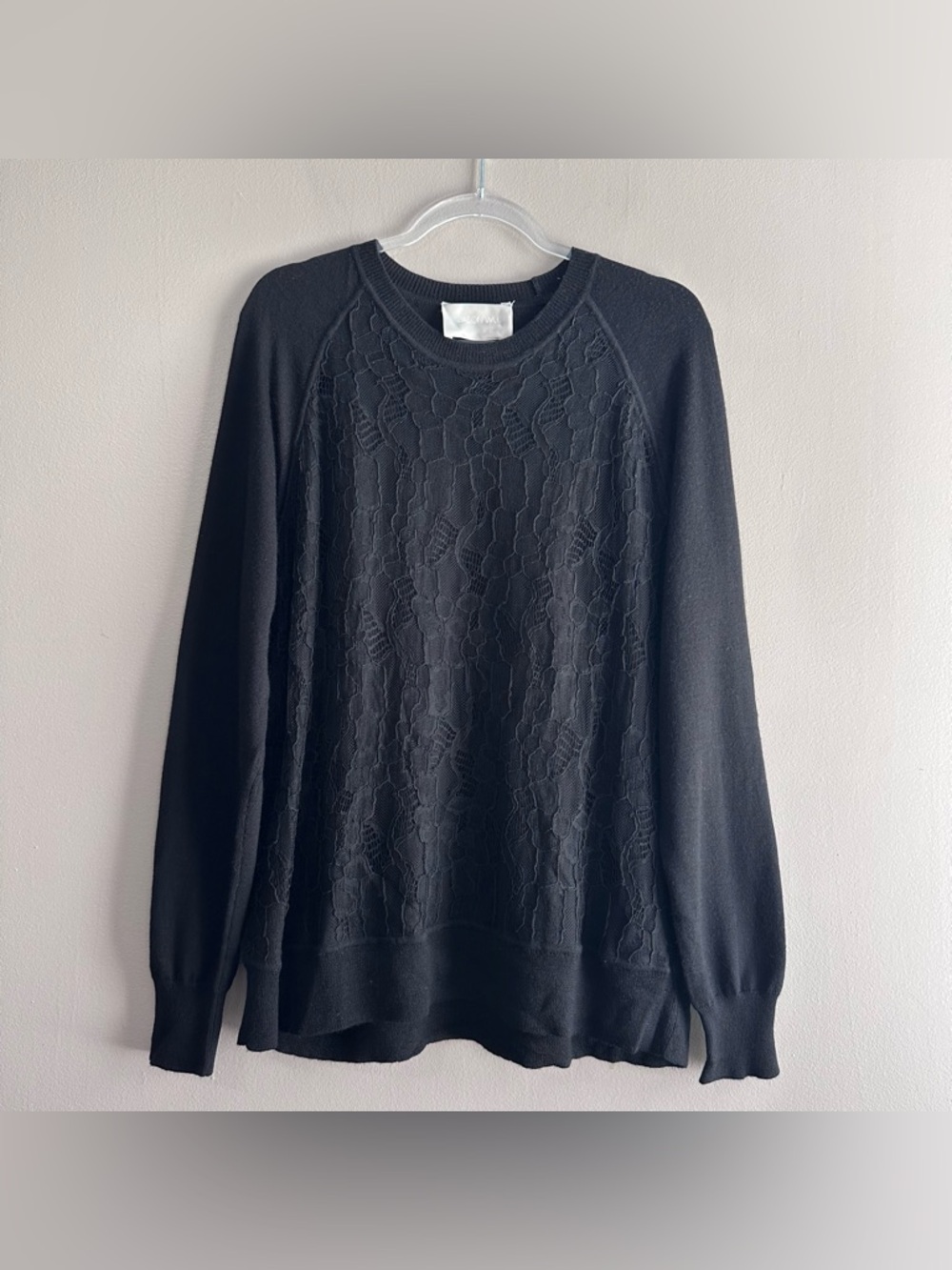 Jason Wu Black Merino Wool Lace Front Lightweight Crewneck Sweater Womens Large